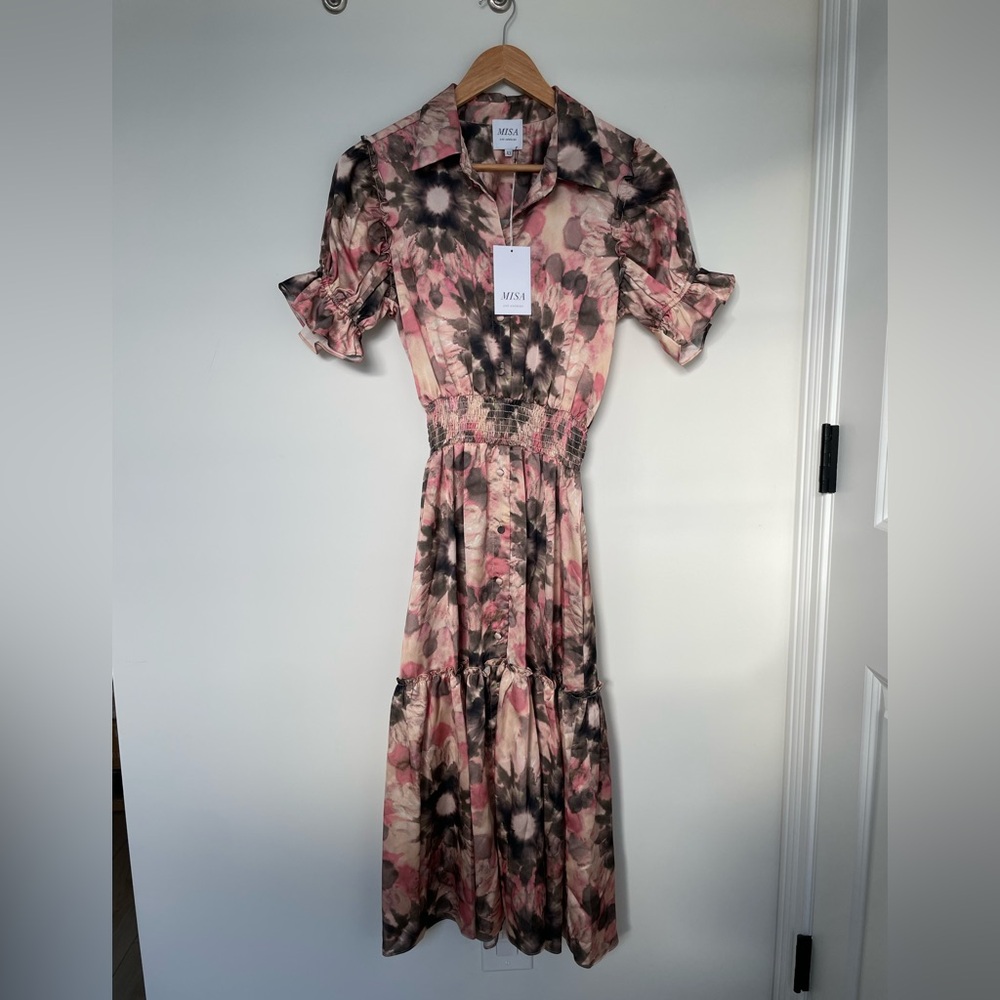 MISA Los Angeles Silk Blend Floral Midi Dress XS Romantic Wedding Guest NWT